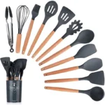 ست کفگیر و ملاقه سیلیکونی 12 پارچه Kitchen & dining مدل دسته چوبی Original - تصویر 3